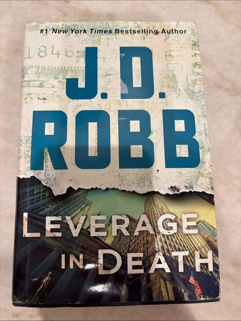 J.D. Robb Leverage in Death - Hardcover Book, Teal & White Cover
